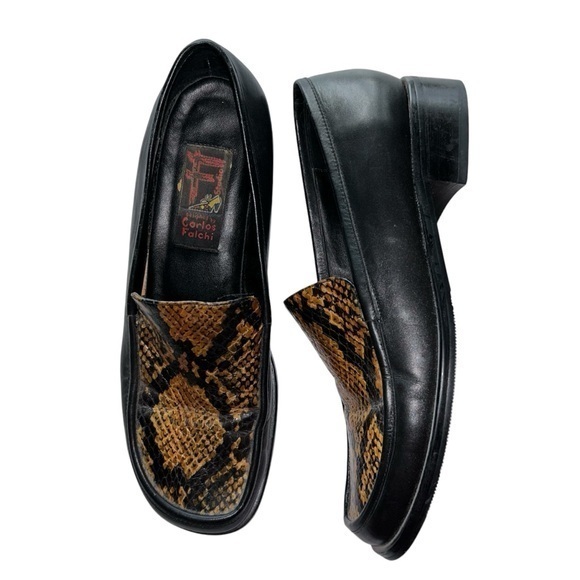 Carlos‎ Falchi F Studio Women’s Black Tan Snakeskin Leather Loafers Size 7.5 - Picture 1 of 11